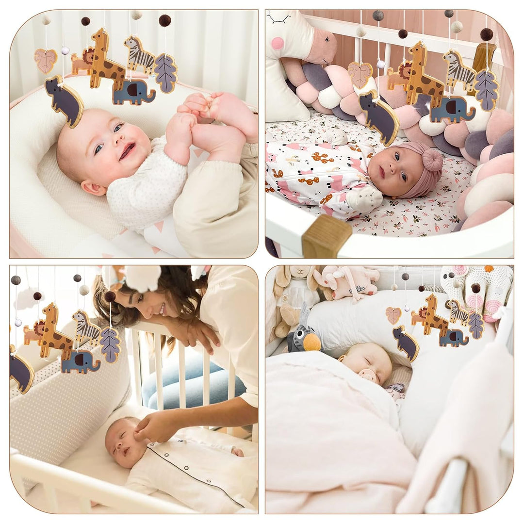 Mobile Baby Waldtiere, Holz Baby Mobile babybett spielzeug mit Wollknäuel Giraffe Löwe Elefant, Wind