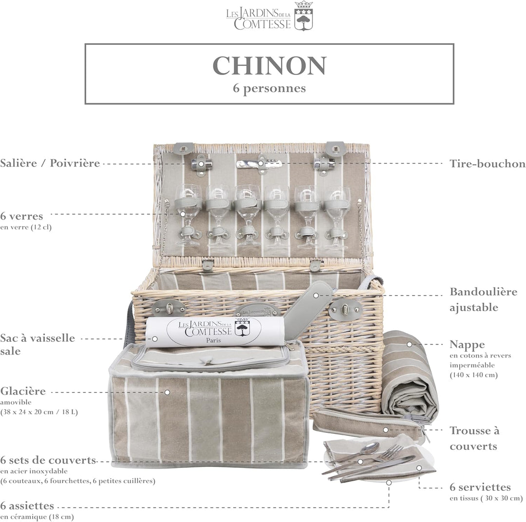 Les Jardins de la Comtesse - Picknickkorb Chinon aus Weide - Komplett Für 6 Personen - Kühlfach - Ke