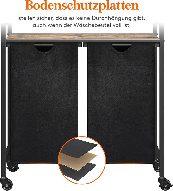 Lifewit Rollbarer Wäschekorb, 95L 2 ausziehbare Wäschekörbe für Wäsche mit oberem Regal & 2 abnehmba