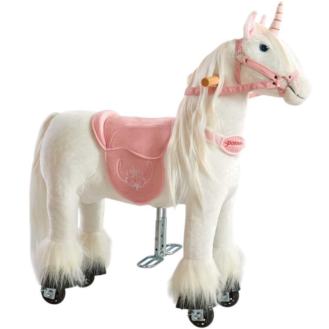 PONNIE Einhorn mit Rollen S (3-6 Jahre), Unicorn zum Reiten mit Abnehmbarer Rosa Sattel und Halfter