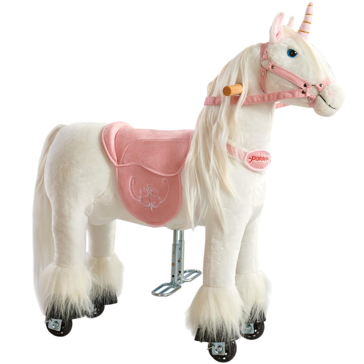 PONNIE Einhorn mit Rollen S (3-6 Jahre), Unicorn zum Reiten mit Abnehmbarer Rosa Sattel und Halfter