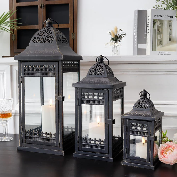 JHY DESIGN 3er-Set Kerzen Laternen 51&37&24cm Hohe Hängen Metall Dekorative Kerzenhalter Glas Garten