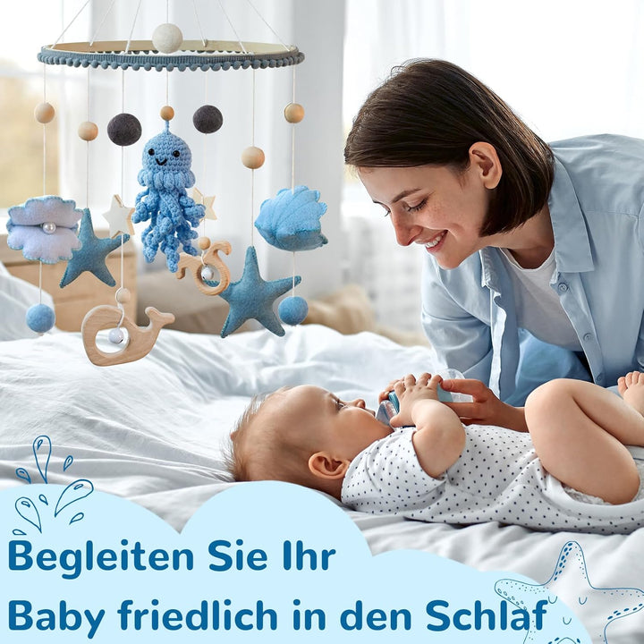 Oktopus Baby Mobile Babybett Hölz Windspiel, Oktopus Anhänger zum Häkeln, Meerestiere Bettglocke Bab