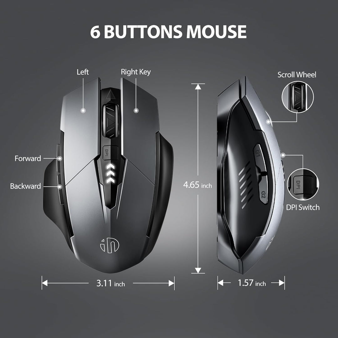inphic Bluetooth Maus, Wiederaufladbare Tri-Mode 5.0/4.0 + 2.4G Wireless, 800-1600DPI Tragbar für La