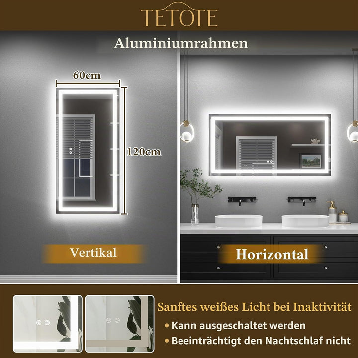 TETOTE Badspiegel mit Beleuchtung 120x60cm, Badezimmerspiegel Beleuchtet Beschlagfrei Badezimmer Wan