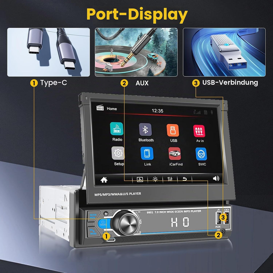Hikity 1 Din Autoradio mit 7 Zoll Manuell Einziehbarer Touch Display Radio mit Ausfahrbarem Bildschi