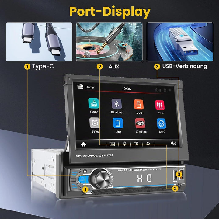 Hikity 1 Din Autoradio mit 7 Zoll Manuell Einziehbarer Touch Display Radio mit Ausfahrbarem Bildschi