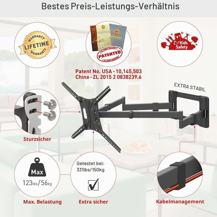 Barkan 1 Meter lang TV Wandhalterung, 13 - 80 Zoll Doppelarm, Schwenkbar / Vollbewegung flach &amp; curv