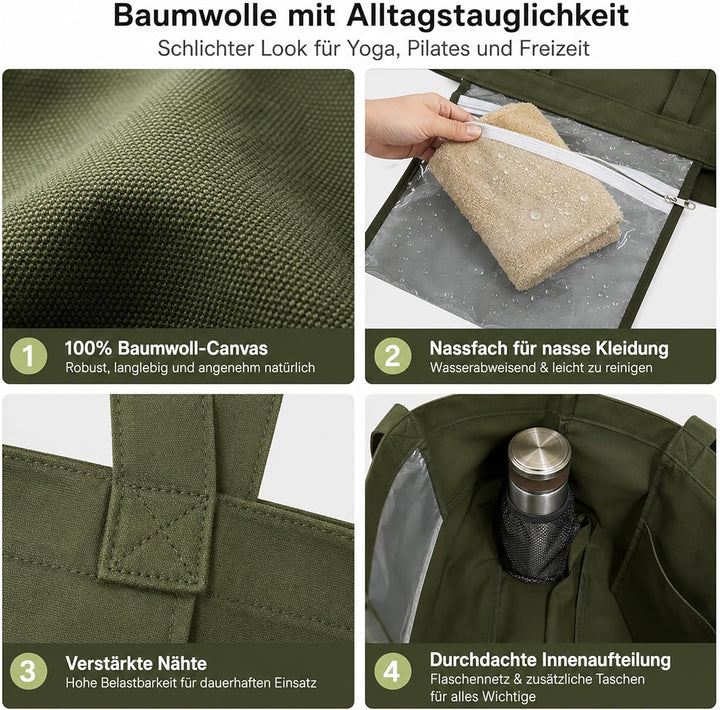 Yogatasche Damen mit Nassfach, Flaschenhalter und Durchgehendem Reissverschluss,Matte Einfach Heraus