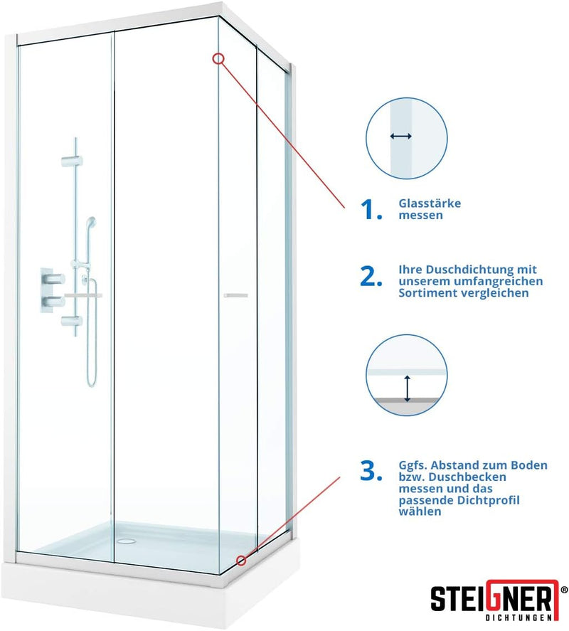 STEIGNER Duschdichtung, 200cm, Glasstärke 6/7/ 8 mm, Gerade PVC Ersatzdichtung für Dusche, UK07 UK07