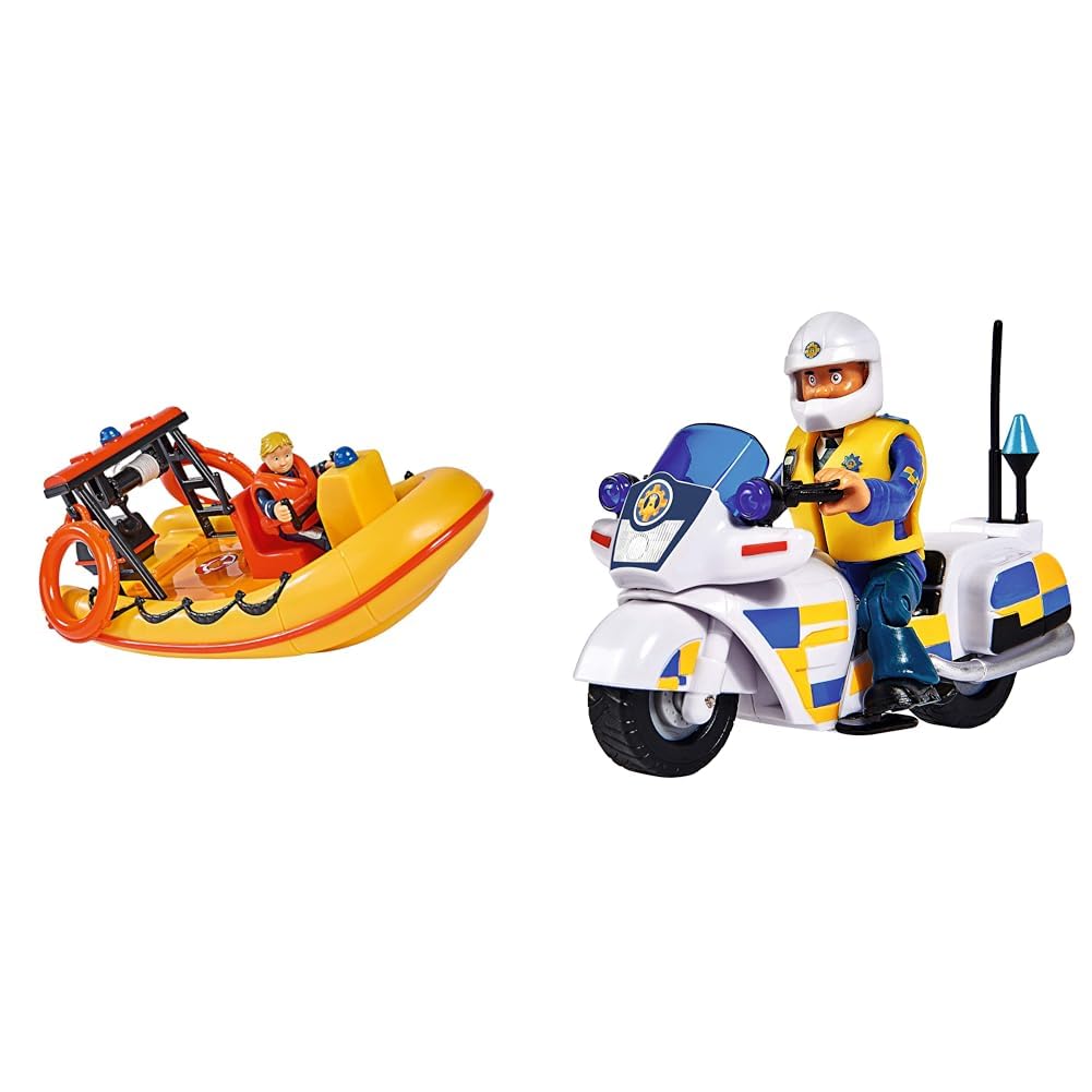 Simba 109251047 - Feuerwehrmann Sam Neptune Boot & 109251092 - Feuerwehrmann Sam Polizei Motorrad, m