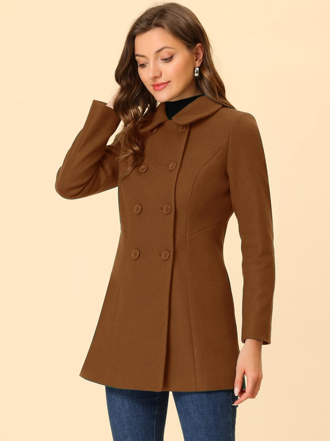 Allegra K Damen Coat Langarm Bubikragen Zweireiher Taschen Winter Trenchcoat Mantel S Dunkelbraun, S