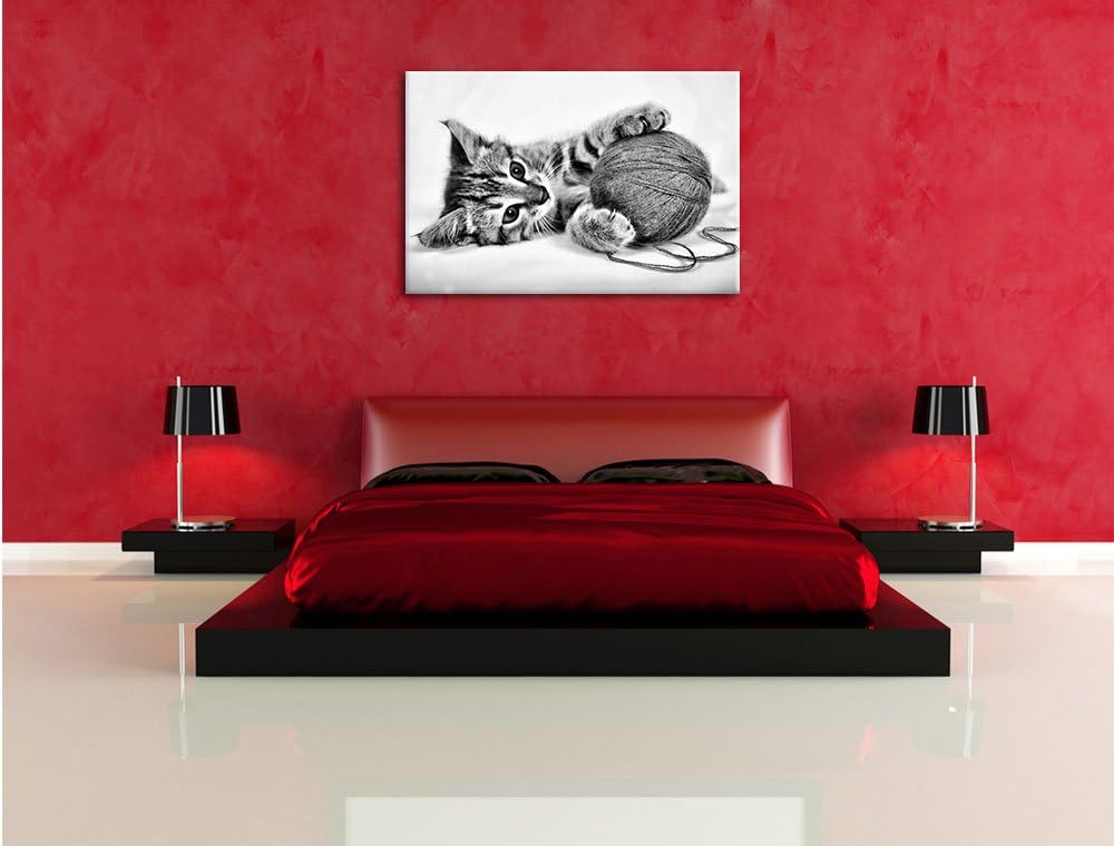 Pixxprint Kätzchen mit Wollknäuel / 100x70cm Leinwandbild bespannt auf Holzrahmen/Wandbild Kunstdruc