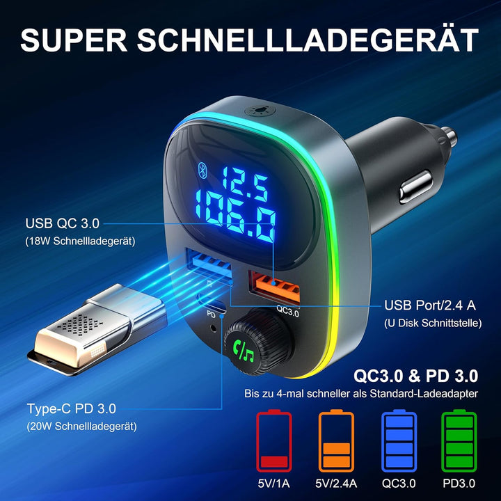 Bluetooth 5.3 FM Transmitter,38W KFZ Musik Adapter für Auto Radio,PD&QC3.0 Schnellladung mit Spannun