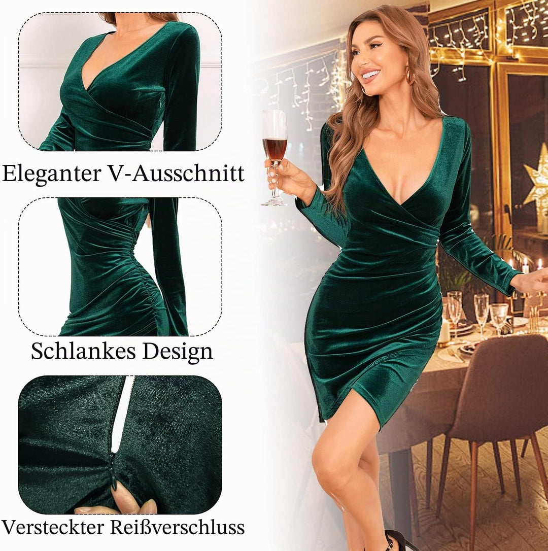 CheChury Damen Winterkleid Festlich Kleid Samtkleid Lange Ärmel Wickelkleid Bodycon Kurzes V Ausschn
