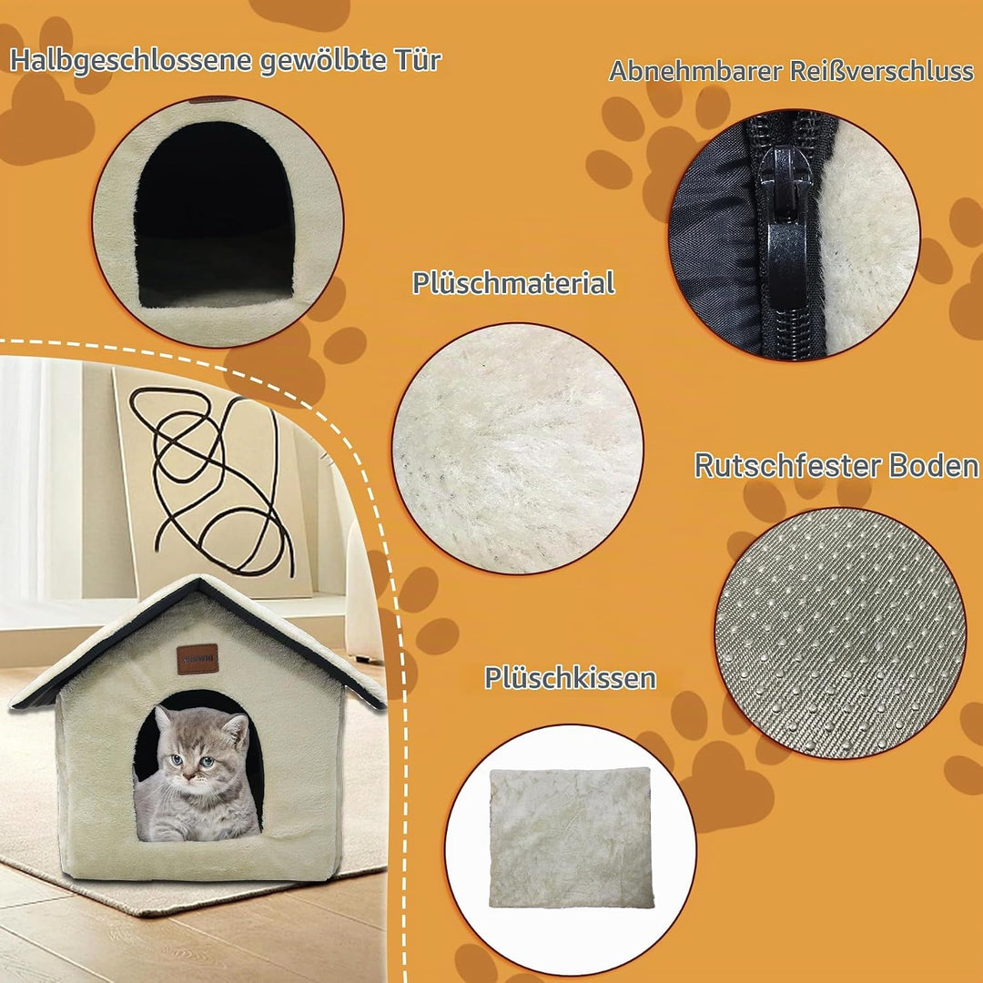 Plüsch Katzenhaus Katzenhöhlenbett mit Flauschiges Katzenkissen Tragbare Katzenhütte mit Rutschfeste