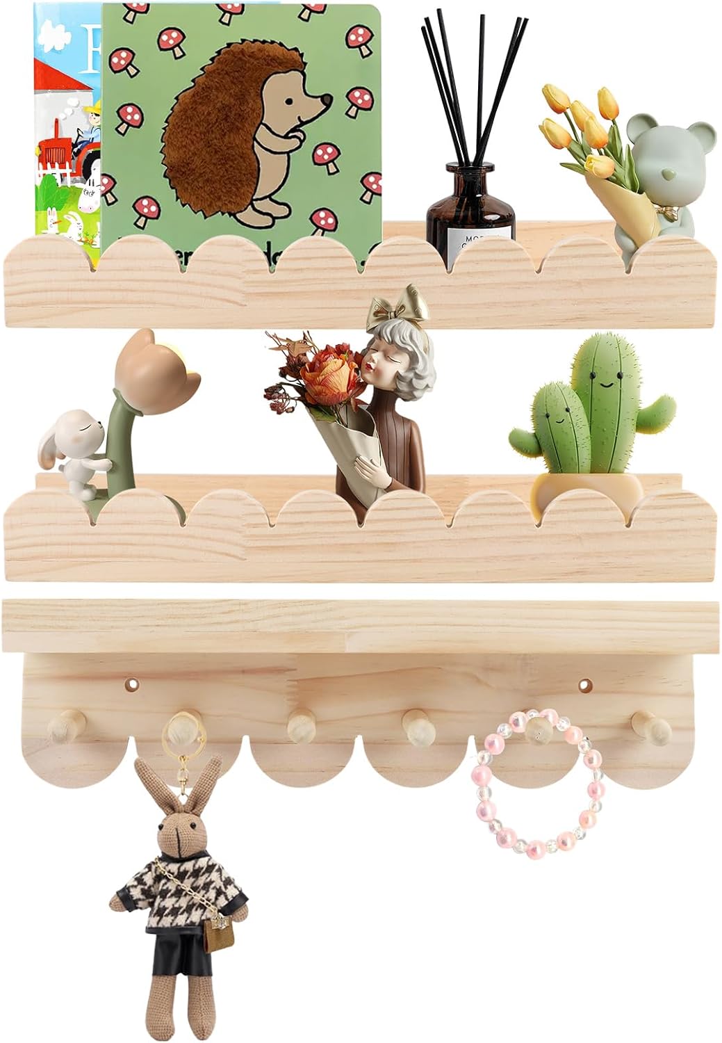 Wandregal Kinderzimmer 3er-Set aus Massivholz - Bücherregal mit 6 Haken für Bücher & Spielzeug - Mon