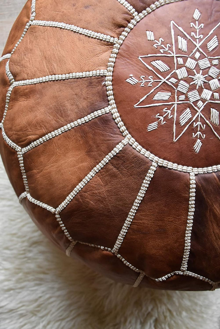 Marokkanischer Echtleder Pouf - Cognac Braun - Handgefertigt - gefüllt geliefert - Ottoman Sitzsack