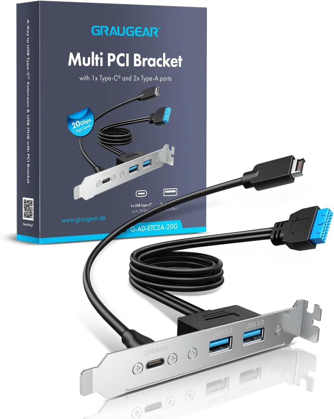 GRAUGEAR 20Gbit/s USB Port Typ-C & 2x Typ-A I USB HUB in PCI Slot [Extra HUB] Mainboard USB Verlänge