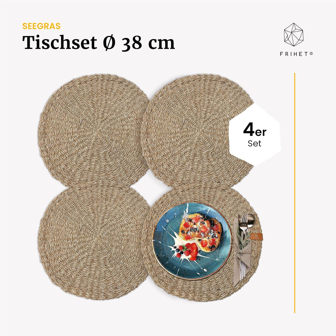 FRIHET® Platzsets rund aus Seegras für Tischdeko | Platzdeckchen für den Esstisch | 4er Tischset Nat