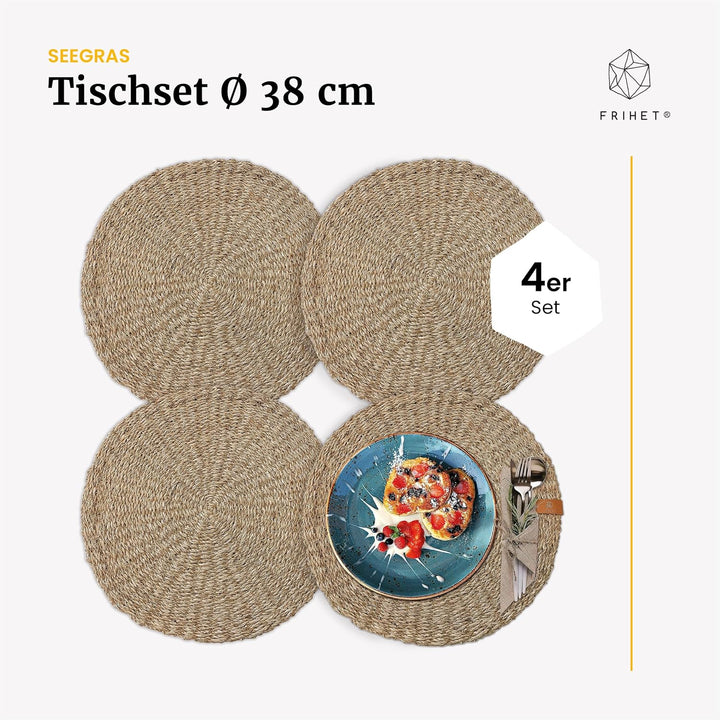 FRIHET® Platzsets rund aus Seegras für Tischdeko | Platzdeckchen für den Esstisch | 4er Tischset Nat