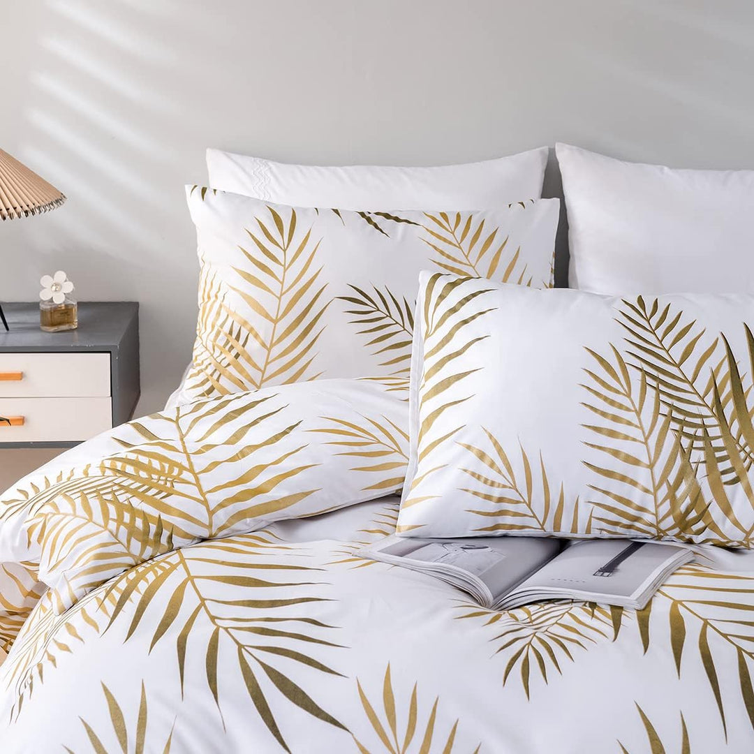 Damier Bettwäsche 220x240cm Gold Weiss Blätter Muster Bettbezug Set 3 Teilig Weiche Microfaser Bettd