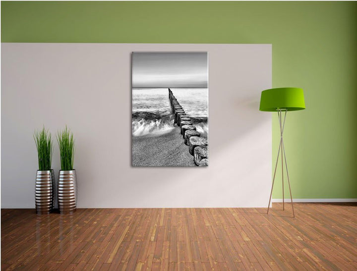 Pixxprint Wellenbrecher im Meer als Leinwandbild | Grösse: 100x70 cm | Wandbild | Kunstdruck | ferti
