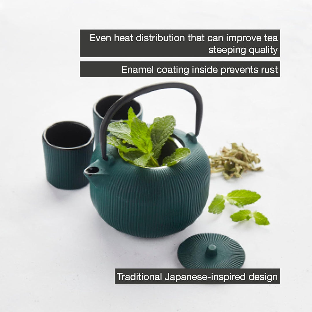 Point-Virgule Set aus gerippter Gusseisen-Teekanne und 2 Tassen mit emaillierter Innenbeschichtung F