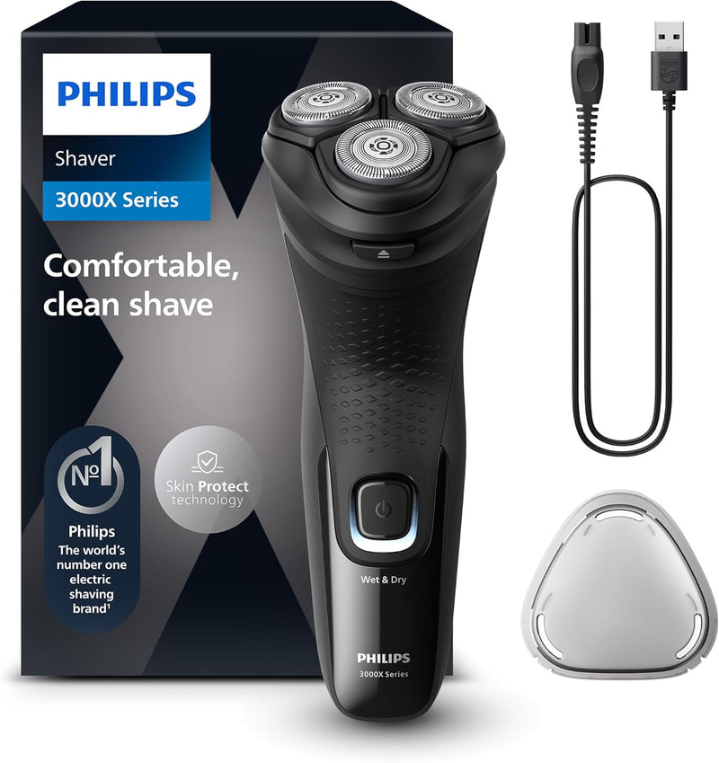 Philips Shaver Series 3000X – Elektrischer Nass- und Trockenrasierer für Männer in Schwarz, mit Skin