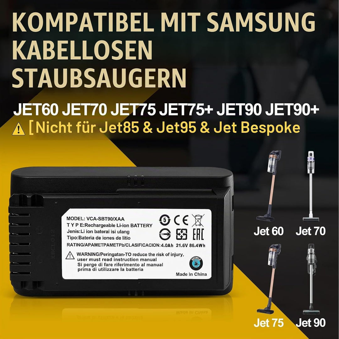 4.0Ah Akku für Samsung VCA-SBTA60 VCA-SBT90 VCA-SBT90EB, Kompatibel mit Samsung JET60 JET65 JET70 JE