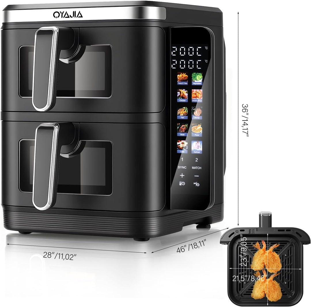 Double Stack Heissluftfritteuse, Vertikale Doppelkammer Heissluftfritteuse, Klappbares Touchdisplay,