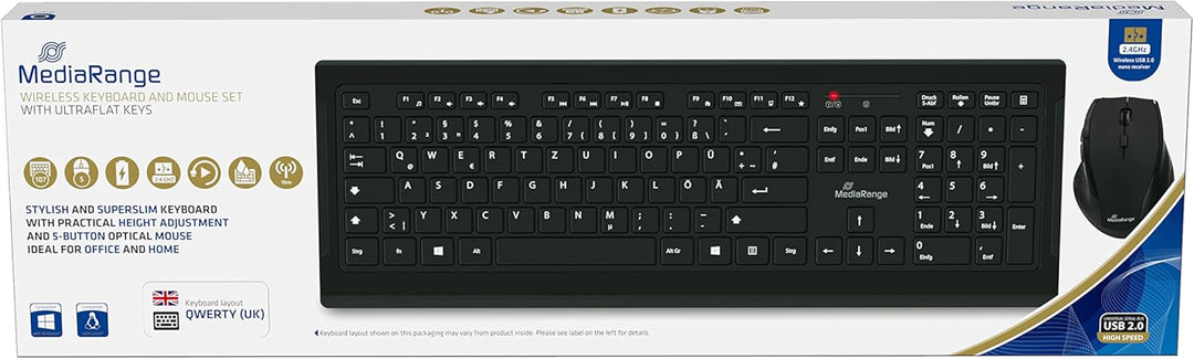 MediaRange kabelloses Funk-Tastatur und 5 Tasten Funk-Maus Set, QWERTY (englisch/UK) Layout, PC Tast