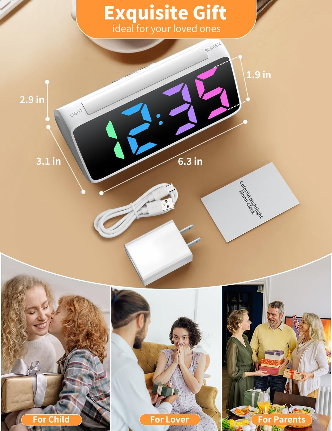 Wecker Digital, Digitaler Wecker Kinder mit Licht, Bunter LED Anzeige, 0-100% Helligkeitsdimmer, 2 A