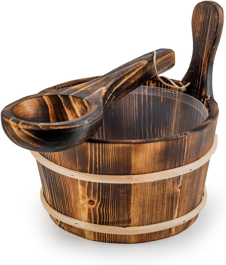 SAUNAINTER Sauna Eimer mit Kelle - Saunazubehör Set, Yakisugi Japan Stil verkohltes Holz, Kunststoff