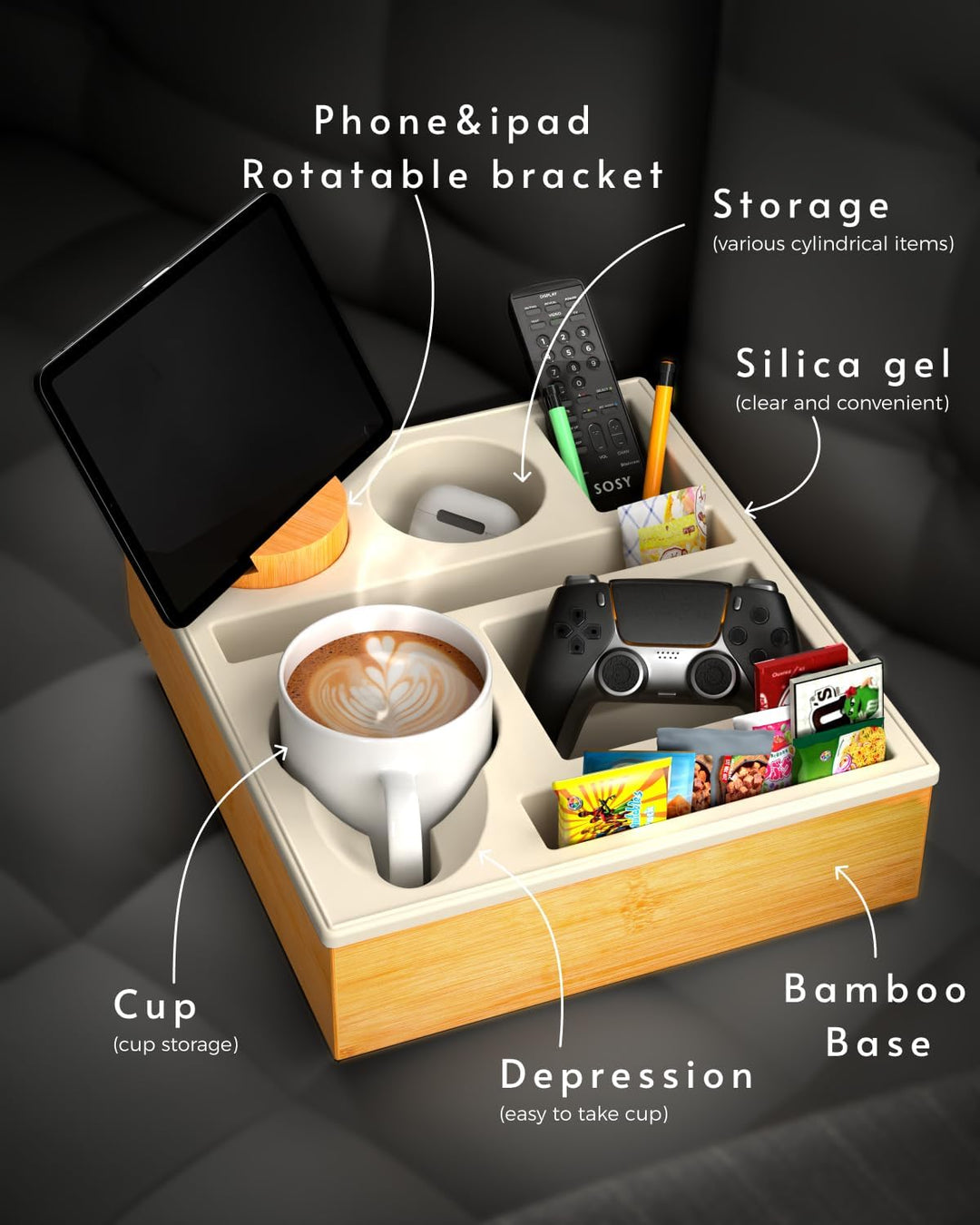 Couchbar Snackbox Silikon sofatablett mit 360 Grad Drehbar Handyhalter beistelltisch mit Holz Sofata