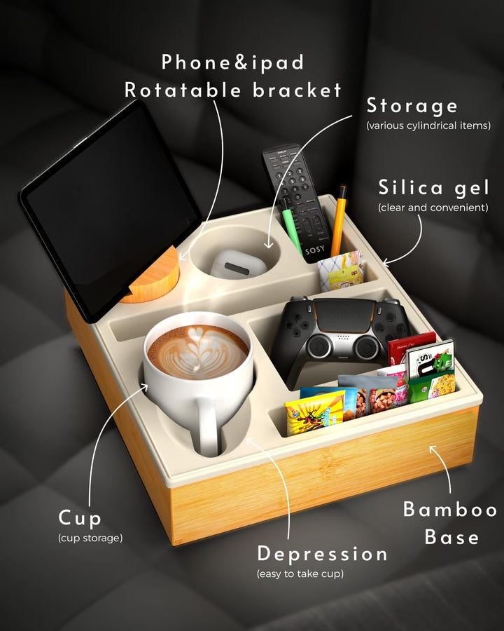 Couchbar Snackbox Silikon sofatablett mit 360 Grad Drehbar Handyhalter beistelltisch mit Holz Sofata