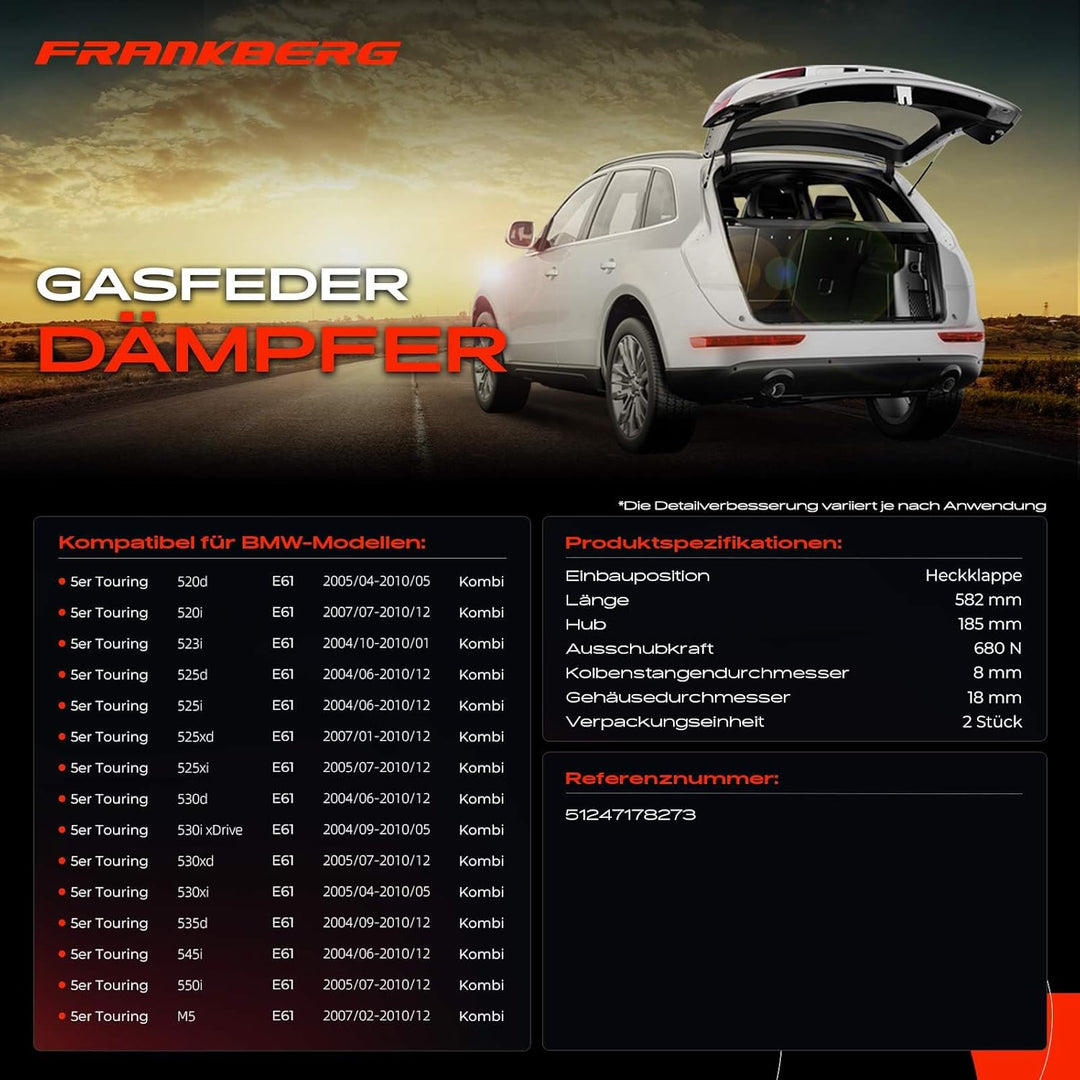 Frankberg 2x Gasfeder Dämpfer Heckklappe Kompatibel mit 5er Touring E61 520 523 525 530 535 545 550