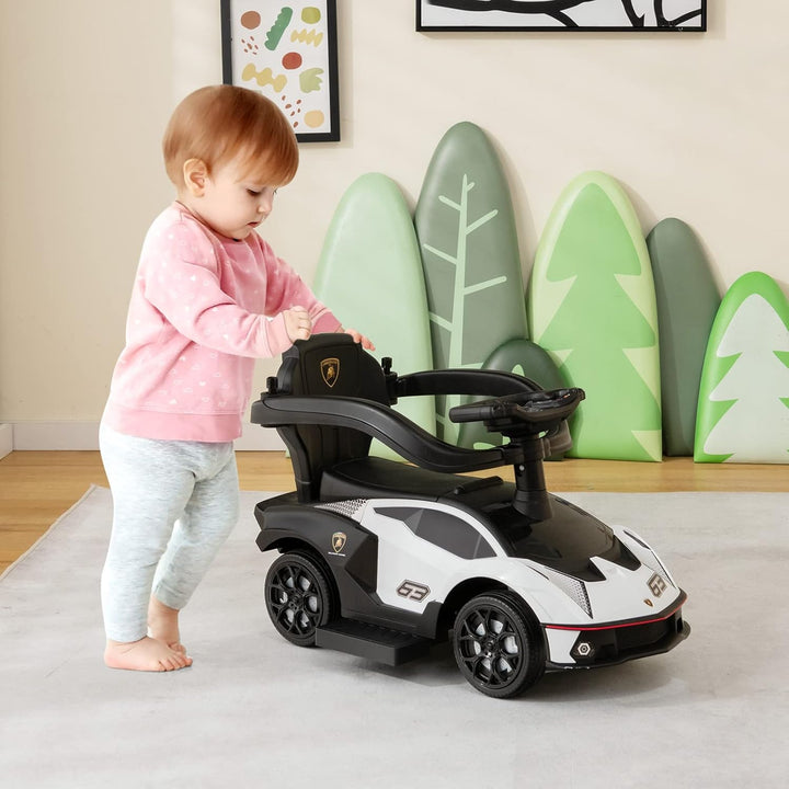GOPLUS Rutschauto Lamborghin, 3 in 1 Rutschfahrzeug mit Schiebegriff, Schutzgeländer, Stauraum unter
