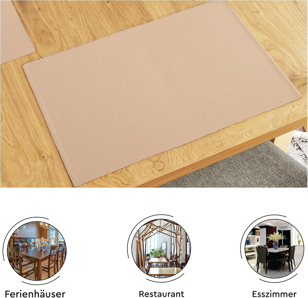 Encasa Homes Esszimmer-Set (6 Tischsets + 1 Tischläufer) | Franca Beige | Fein gerippte Baumwolle |
