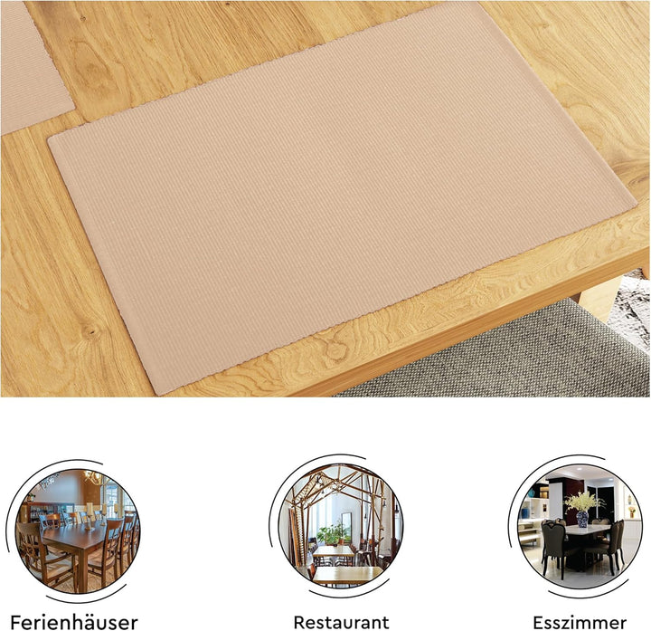 Encasa Homes Esszimmer-Set (6 Tischsets + 1 Tischläufer) | Franca Beige | Fein gerippte Baumwolle |