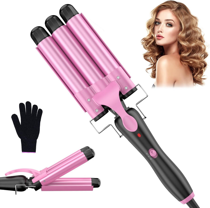 Lockenstab 3 Fässer Beach Waves Welleneisen für Haare, 25mm Kleine Locken Keramik Lockeneisen-Temper