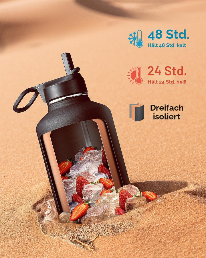 Isolierte Wasserflasche 2L, Coolflask Wasserflasche mit Strohhalm &amp; 3 Deckeln, Isolierte trinkflasch