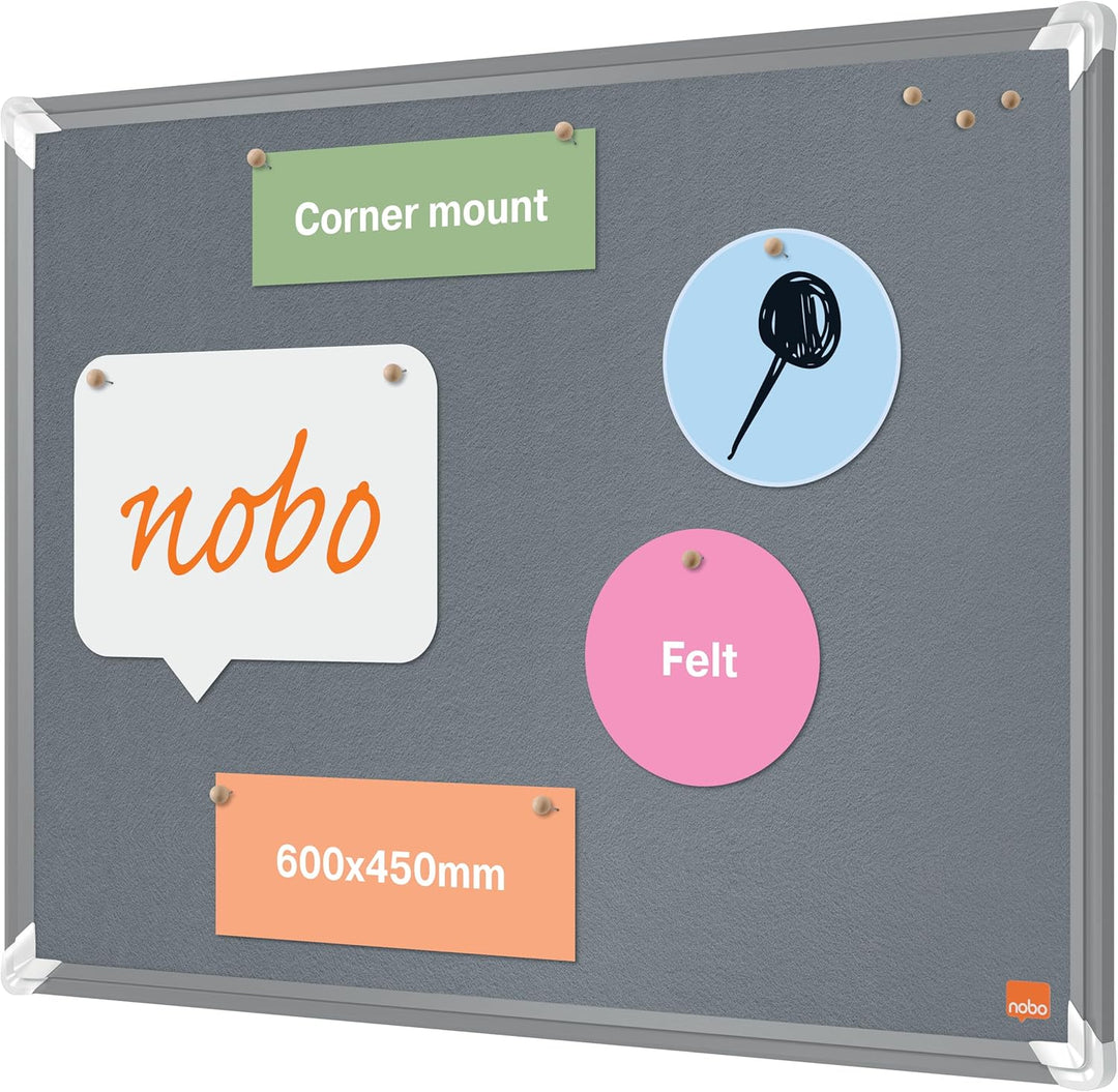 Nobo Filz-Notiztafel, 45 x 60 cm, Aluminiumrahmen, Traditionelle Eckmontage, Premium Plus, Grau, 191