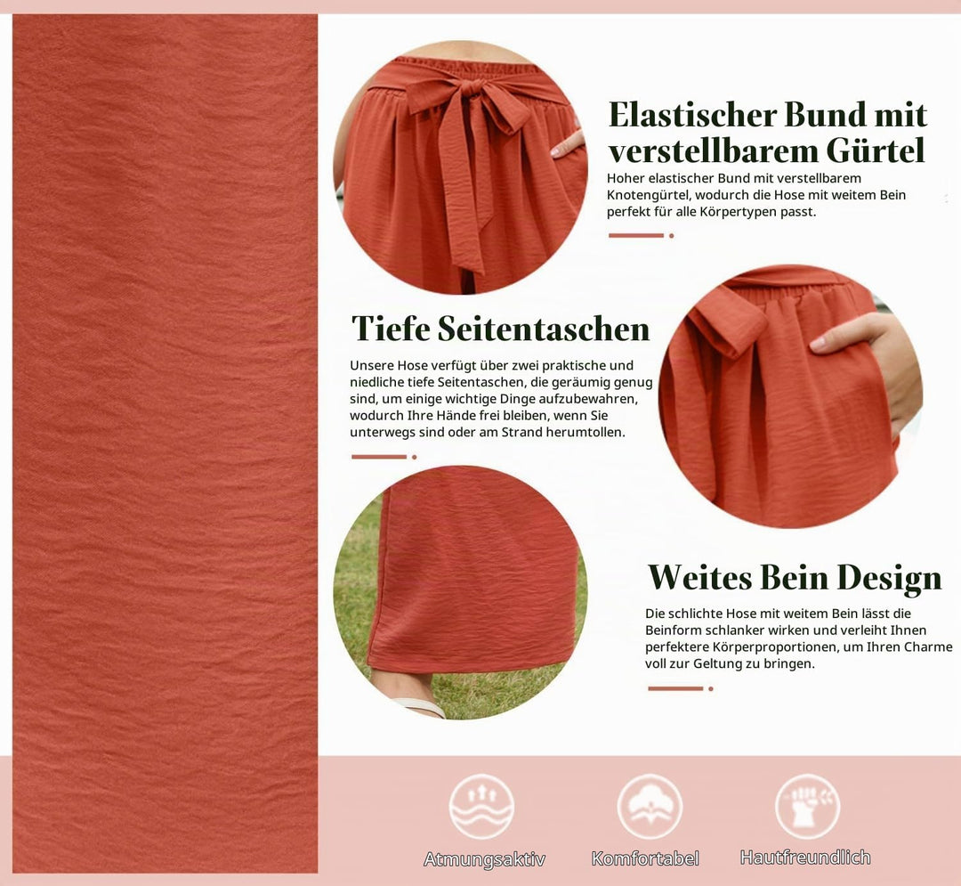PrinStory Damen Hose Mit Weitem Bein Leichte Elastische Taille Sommer Hose Mit Taschen Kausale Arbei
