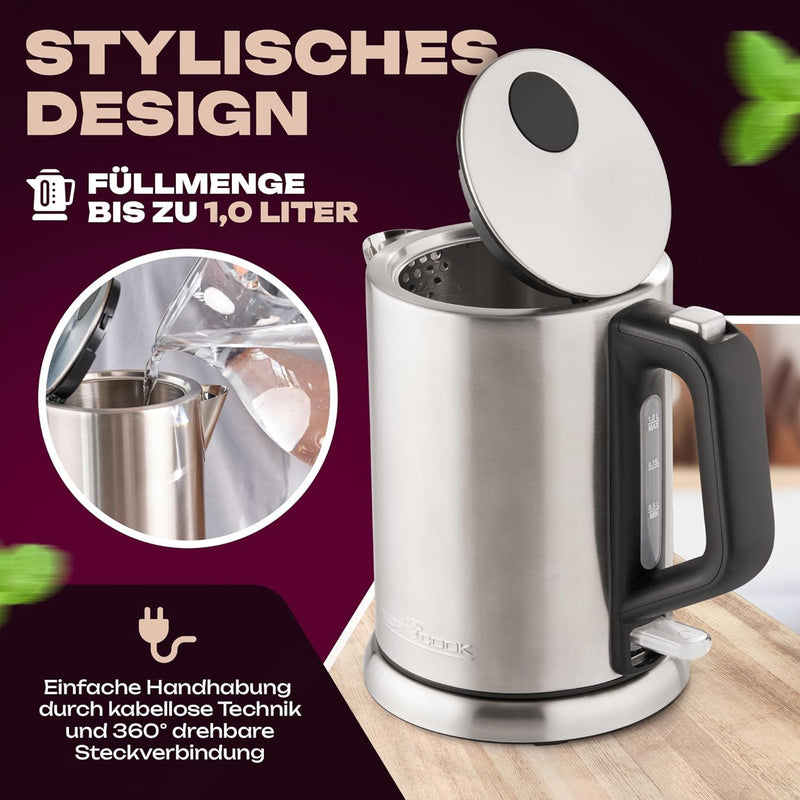 ProfiCook PC-WKS 1106 Wasserkocher, bis zu 1 Liter Füllmenge, Edelstahlgehäuse, 360° drehbare Steckv