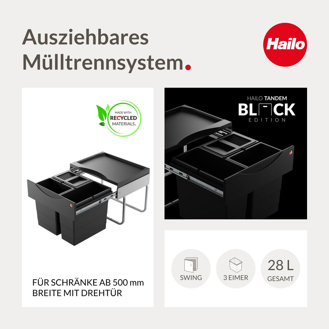 Hailo Abfallsammler 3644931 | 3fach Raumspar Tandem Mülltrennung | 2x 8 + 12L Inneneimer im Abfallau