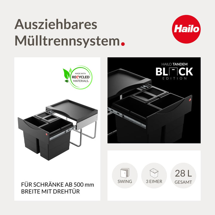 Hailo Abfallsammler 3644931 | 3fach Raumspar Tandem Mülltrennung | 2x 8 + 12L Inneneimer im Abfallau