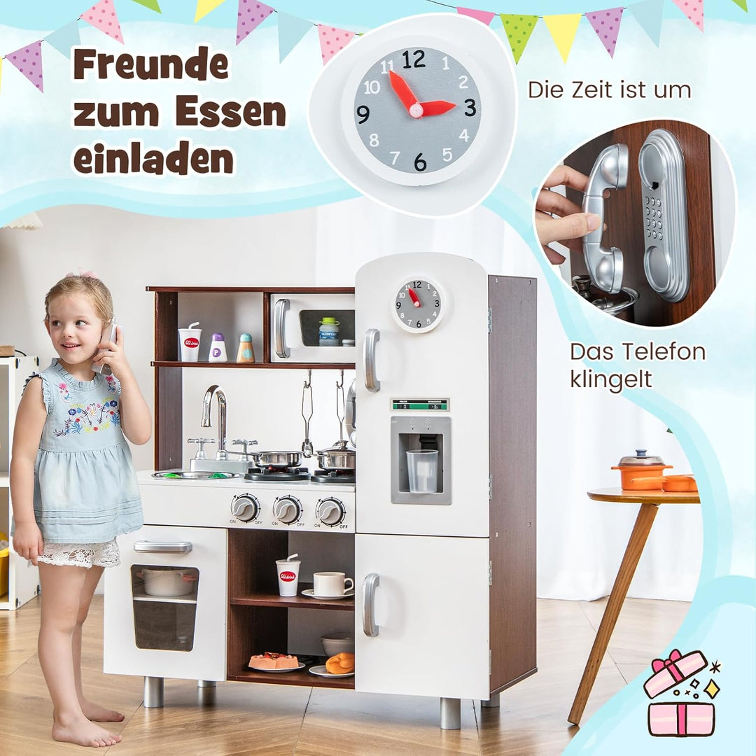 DREAMADE Kinderküche mit Licht und Sound, Kinder Spielzeugküche mit Spüle Herd Mikrowelle Kühlschran