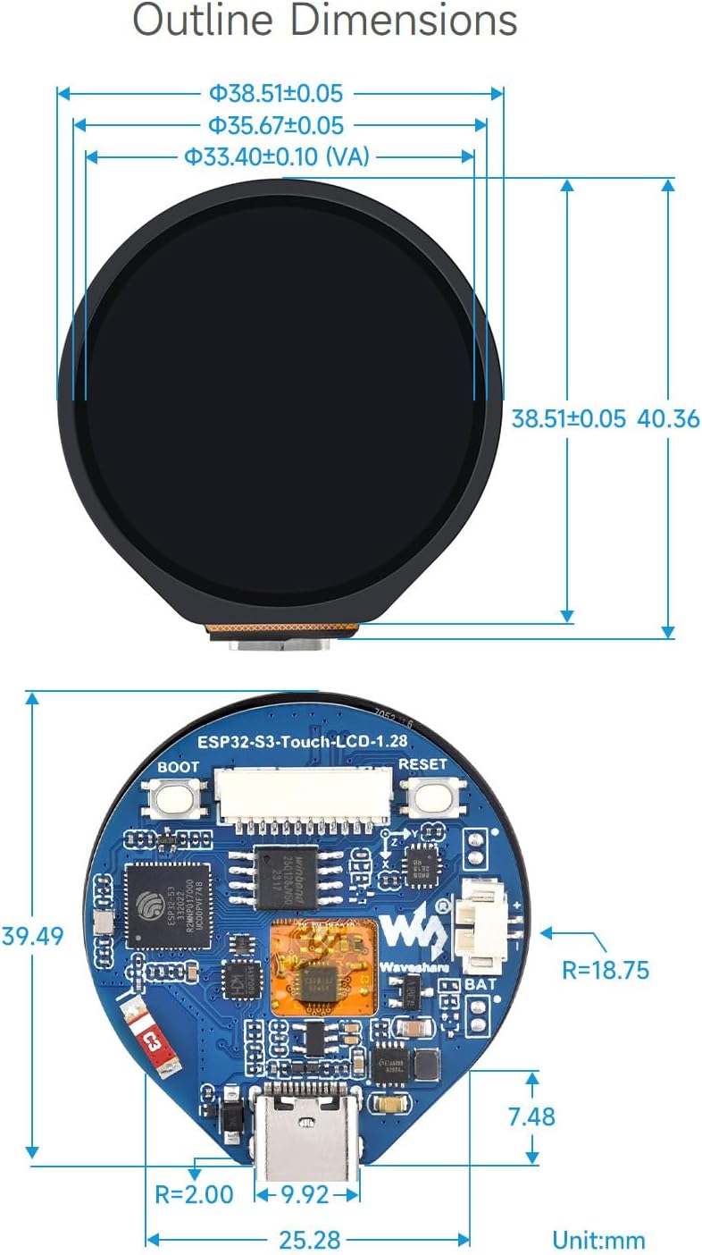 Waveshare ESP32-S3 Development Board, with 1.28inch Round Touch LCD, Compact Size, Accelerometer and