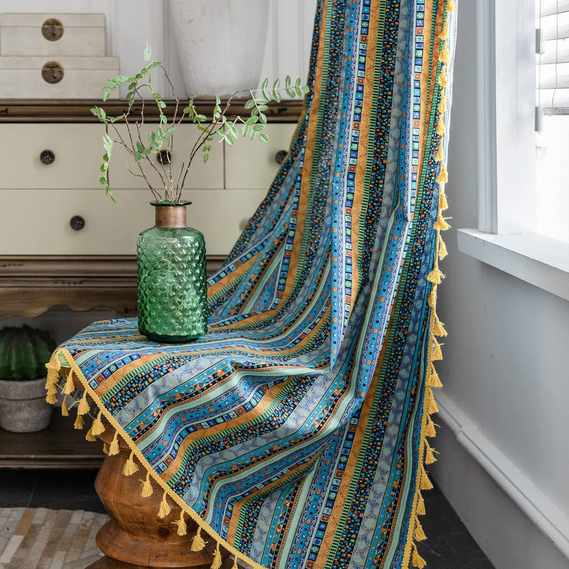 Freyamy Vorhang 160x150cm Boho Bunt Blau Baumwolle Leinen Landhausstil Vintage Vertikale Streifen Bl